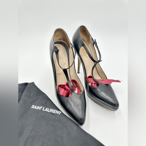 YSL‎ Rive Gauche Mary Jane Pumps Black Leather 40 US 10 Yves Saint Laurent Heels - Picture 1 of 13